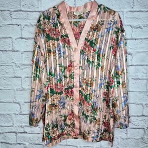 Vtg 80s Victoria Secret Gold Label Floral Satin Stripe Sleep Shirt Top Medium M